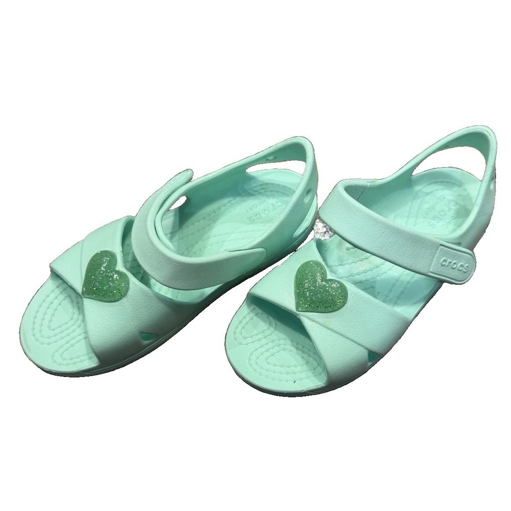 Crocs Classic Cross Strap Sandals Mint Green Heart 206245-3TI Girls Kids 12 EUC